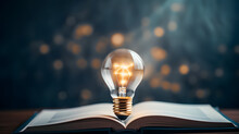 Light Bulb Glowing On Book, Idea Of ​​inspiration From Reading, Innovation Idea Concept, Self Learning Or Education Knowledge And Business Studying Concept.