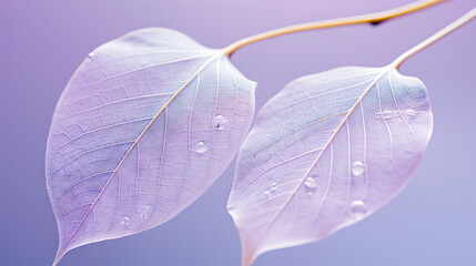  a close up of two leaves with drops of water on them.  generative ai