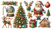 Festive Christmas Elements With Santa Claus, Reindeer, Tree, Gingerbread House, Holiday Ornaments On A White Background, Watercolor Clipart, Isolated