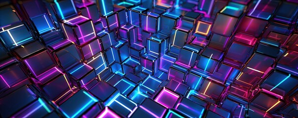 Wall Mural - A very neon wall with many square shapes. Background for cyber databases