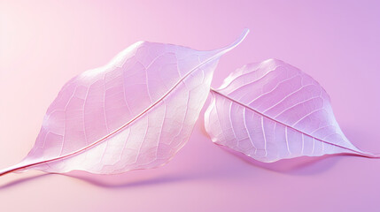  two white leaves on a pink and purple background with a light reflection.  generative ai