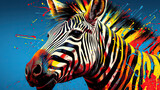 Fototapeta Dziecięca -  a colorful zebra is standing in front of a blue background.  generative ai