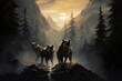 Watercolor wolves prowl the forest, their presence magnified by the radiant full moon above