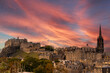 The skyline of Edinburgh with the Castle and Tolbooth Kirk,  in an autumn sunset
