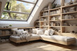 Bright and Tranquil Attic Living Space with Wooden Shelving, Plush Seating, and Skylight Views.