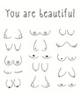 You are beautiful poster. Hand drawn women's breasts. Body positive. Doodle funny boobs.