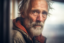 Portrait of older messy and hungry homeless man
