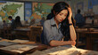 In class, a young woman of Asian descent appears visibly frustrated and bored, seated at her desk, her hand resting on her head.