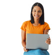 © Krunal/peopleimages.com - Happy woman, laptop and portrait for online research, creative planning and education or e learning. Student on computer for information or college registration isolated on transparent png background