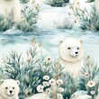 A watercolor seamless pattern of polar bear in the snow