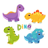 Fototapeta Dinusie - Vector illustration of Cartoon Dinosaur Character Set. Sequential set of cute colored dinosaurs. T-rex, diplodocus, triceratops.