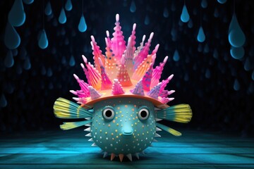 Wall Mural - A puffer fish wearing a colorful hat in the rain