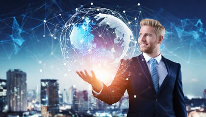 Wall Mural - Businessman holding global digital network and data customer connection, Social network and data exchange of technology, Networking structure on blue city background