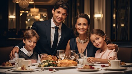 family members are eating together at luxury gala dinner, Generative Ai