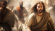 Jesus driving out the money changers from the temple, Life of Jesus, blurred background, with copy space