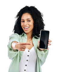 Sticker - Phone screen, woman portrait and hand pointing in advertising or marketing isolated on a transparent PNG background. Face of female person smile showing mobile smartphone display, app or mockup space