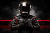 Fototapeta  - Male Racer wearing racing suit and helmet, with dark background