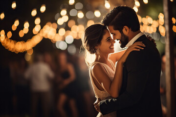 Wall Mural - Couple dancing in each other's arms at a wedding reception, surrounded by twinkling fairy lights