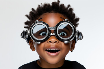 Funny looking African American child boy wears futuristic eyeglasses, on white background.