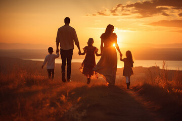 Happy large family: mother, father, children son and daughters running on nature on sunset