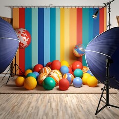 AI generated illustration of a photography studio with colorful balloons and large sun lamps