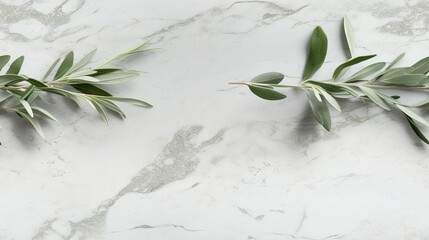 Canvas Print -  a couple of green leaves sitting on top of a white marble counter top next to a green leafy plant.  generative ai