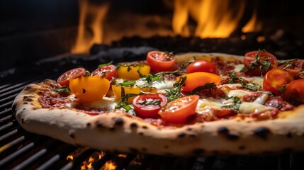 Wall Mural - A Close-Up of a Bubbly Golden Pizza inside a wooden oven topped with cherry tomatoes