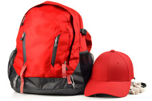 Travel Set Isolated On White Background. Hat, Backpack And Boots. Neural Network AI Generated Art