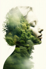 Wall Mural - People and nature concept. Double exposure portrait of woman with green forest, creative artwork