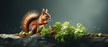 A Lettuce Consuming Squirrel Perched On A Rock