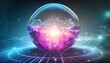 Futuristic background. A ball of energy rotates in reference to concepts such as social networks, cyberspace, the quantum world, artificial intelligence. Generative ai