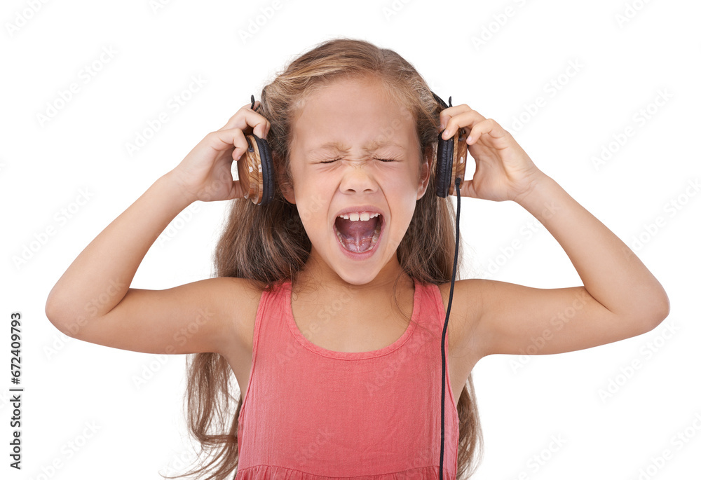 Face, music and a rocker girl screaming in headphones isolated on a ...