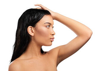 Wall Mural - Profile, woman and skincare with glow, cosmetics and dermatology isolated on a transparent background. Person, girl and model with grooming routine, treatment and smooth with shine, png and aesthetic