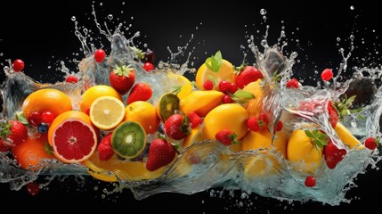   a bunch of fruit is splashing into a glass of water with a splash of water on top of it.  generative ai
