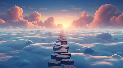 Wall Mural - a painting of a sky with clouds and a line of stepping stones in the middle of a sea of clouds. gene