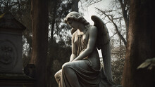 A Tombstone Statue Of An Angel Sitting In A Cemetery