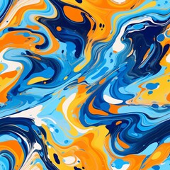 Poster - Vibrant marbling with blue, orange, and white. Seamless fluid pattern. Pop art. Design for backdrops, funky interiors, or artistic merchandise