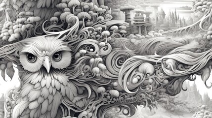 Sticker -  a black and white drawing of an owl surrounded by vines and trees with a castle in the distance in the distance.  generative ai