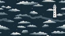  A Night Sky With Clouds, Stars And A White Lighthouse On Top Of A Tall Tower In The Middle Of The Night.  Generative Ai