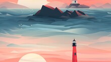  A Painting Of A Lighthouse In The Middle Of A Large Body Of Water With A Sunset In The Back Ground.  Generative Ai