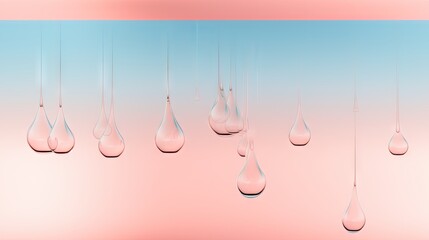 Poster -  a group of drops of water hanging from a pink and blue background with a pink and blue sky in the background.  generative ai