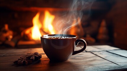 Wall Mural - cup of hot tea on fireplace