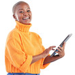 Happy, portrait and woman with tablet for social media update, search internet or download ebook isolated on transparent png background. African model scroll on digital technology for online shopping
