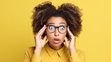Fototapeta  - Photo of young funny african american woman brown hair pouty lips unexpected holding specs cant believe her eyes isolated on yellow color background.
