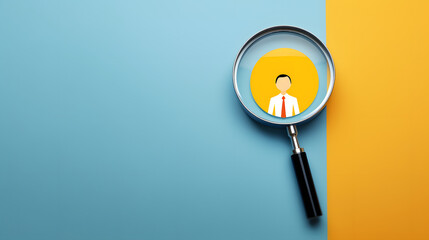 Yellow human icon inside of magnifier glass among white icons for customer focus and customer relation management or CRM concept.