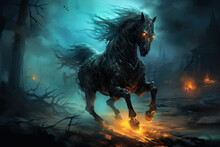 The Mutant Horse Of Death Running In The Middle Of The Town, Dark Night Atmosphere. Generative AI.