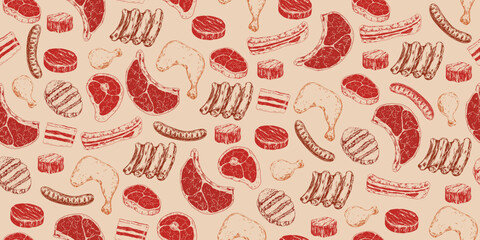 Seamless pattern with beef steaks, chicken leg, lamb ribs, pork ham, salo, sausage. Raw meat. Hand drawn beef steak  Beef medallion. Vintage engraving. Background with butcher shop product