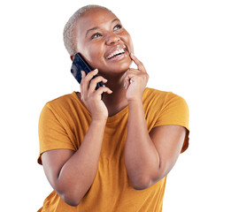 Poster - Happy black woman, smartphone call and thinking of choice, mobile news plan or networking communication. Phone conversation, planning ideas and person contact user on transparent, png background