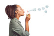 © Krunal/peopleimages.com - Woman, profile and blowing bubbles with wand standing isolated on a transparent PNG background. Young and happy female person or model playing with bubble stick for fun activity or playful time