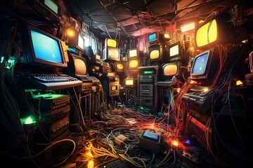 AI generated illustration of a room filled with a variety of vintage computers and wires